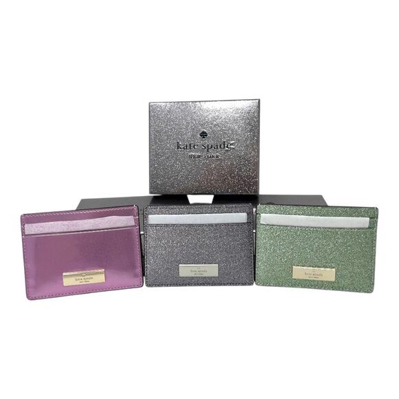 Kate Spade Glitter Cardholder Trio Pink, Green & Silver. Holiday Gift New in Box - Picture 13 of 14